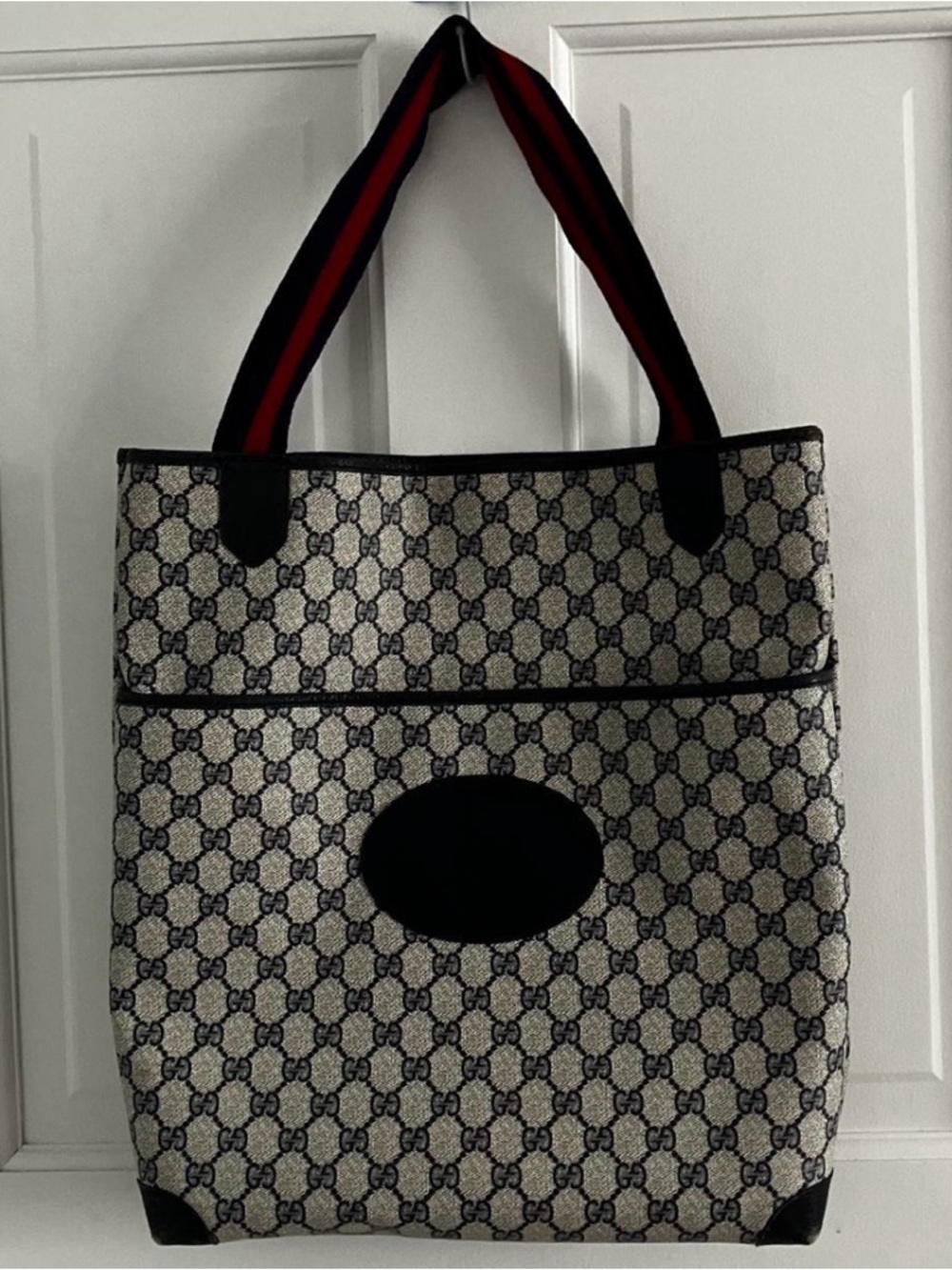 Vintage Gucci Beige and Navy Monogram Tote with Red-Striped Handles